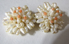 Vintage Rice Pearl Cluster Hand Strung Earrings Clip On Coral Bead Floral Clip