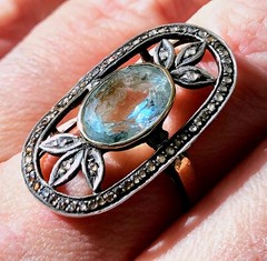 Antique Aquamarine And Rose Cut Diamond 18k And Silver Topped Ring.