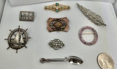 Antique to Vintage Lot of 8 Brooches ~ All Wearable Pot Metal, Enamel & More