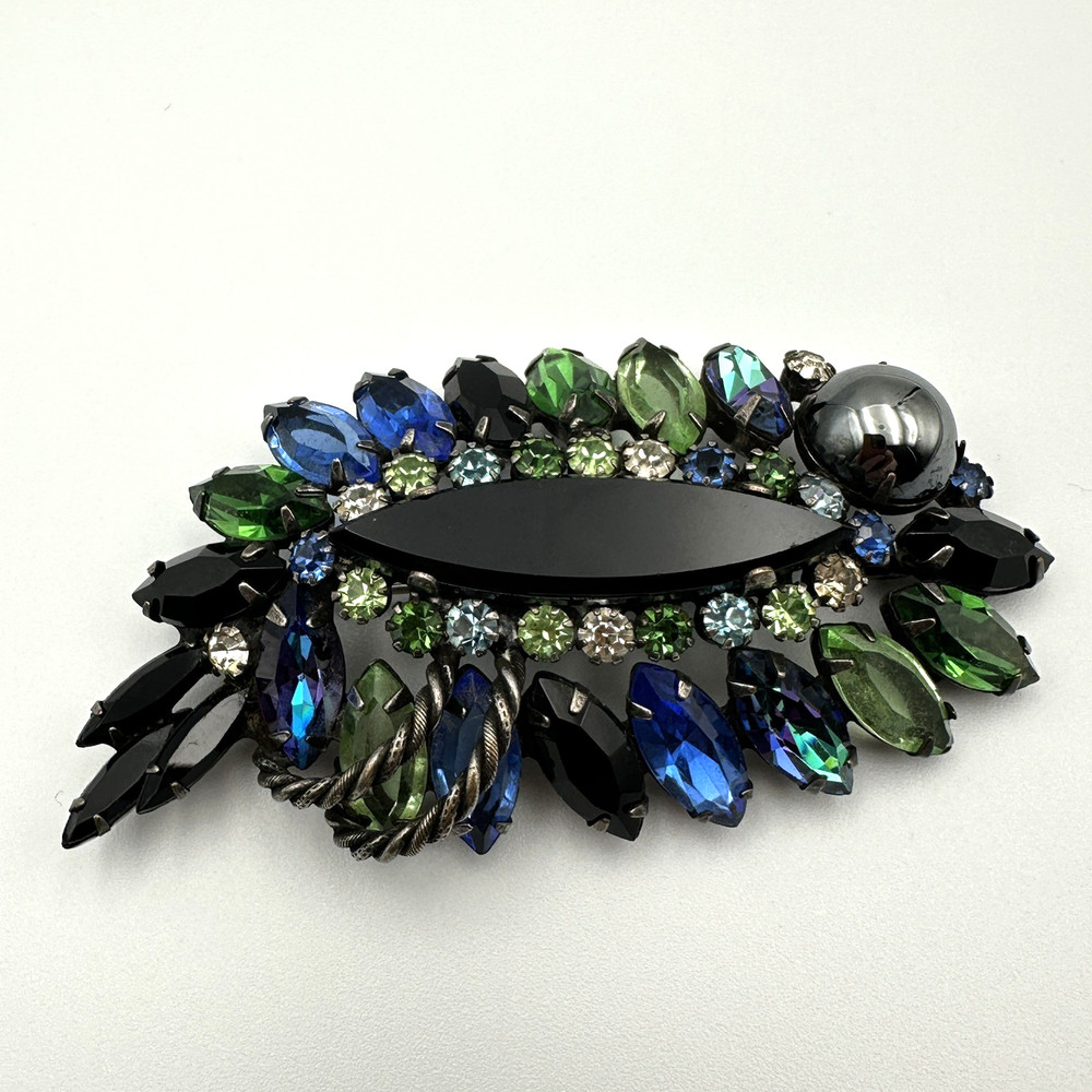 Vintage Rhinestone Brooch Blue Green Black Navette Cabochon Layered Statement