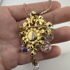 Vintage AB Glass Crystal & Clear Rhinestone Dangle Pendant Brooch &Gold Necklace