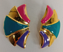 Vintage Gold Tone Pink Teal Purple Enamel Stud Earrings Abstract 1.5″