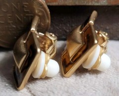 Vintage Costume jewelry clip on earrings 1980s 1990s Gold Tone W/ Orange Enamel