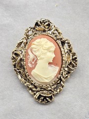 Vintage Brooch Pendant Faux Cameo Goldtone Metal Resin Floral Edge Wavy Hair