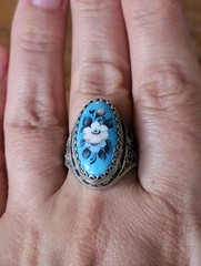 Vintage Russian Enamel Folk Art Rostov Finift Ring Size 7