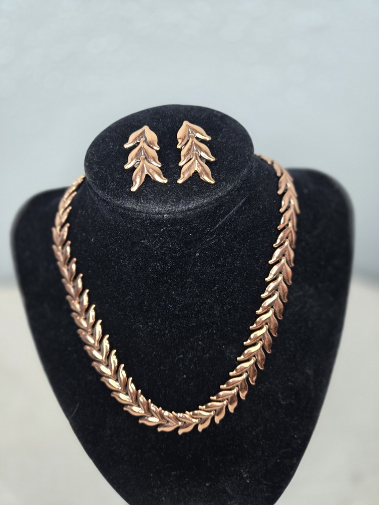 Vintage Matisse Renoir Laurel Leaf Link Copper 16″ Choker Necklace And Earrings