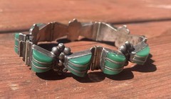 Vintage Mexico Sterling Silver 925 Green Onyx Stone Link Chain Metal Bracelet