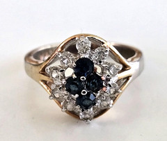 Vintage Sapphire & Clear Glass Cocktail Gold Tone Ring Size 7 Signed G