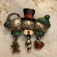 Vintage Cat Brooch with Christmas Holiday Charms Winter Pendant Pin Jewelry