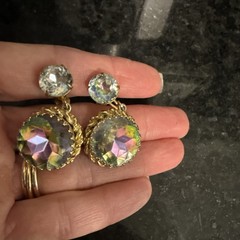 Vintage Signed Schiaparelli Heliotrope Watermelon Glass and Rhinestone Earrings