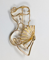 Vintage Lady Remington Woman & Fan Silhouette Gold Tone Brooch Pin 3.25″