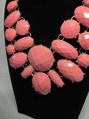Orange Faceted Lucite & Gold Tone Metal Bib Statement Necklace 17″