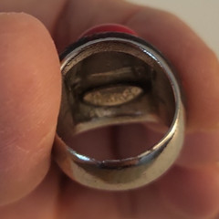 Vintage Lanvin Paris Red Enamel Round Stone Silver & Black Tone Ring Size 6