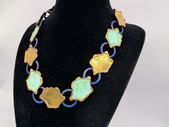 Vintage Artisan Brass Blue Green OOAK Collar Necklace Brutalist 16” DbG A