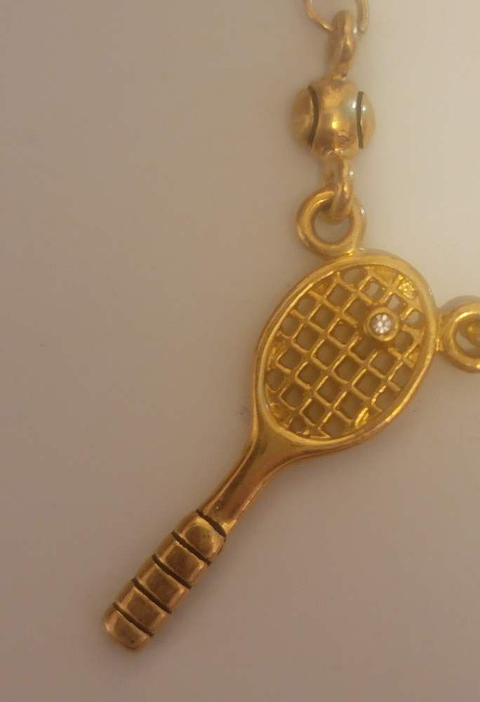 Gorgeous VTG Tennis Racket & Ball Charm Necklace Chain+ Pendant Taiwan Gold 👀
