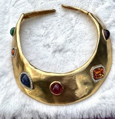 RARE VTG LES BERNARD Gold Tone Faux Gemstone Rhinestones RUNWAY Collar Necklace