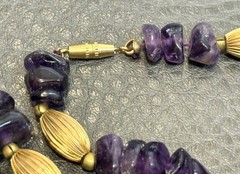 Genuine Dark Purple Amethyst Nugget Beaded Vintage Gold Tone Chunky Necklace 24”