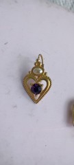 Vintage Gold Tone Matte Heart Leverback Drop Earrings Purple Rhinestone