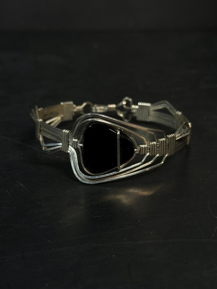Vintage 950 Sterling Silver Black Onyx Wire Bracelet Handmade Modernist 5.5″