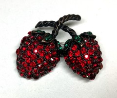 Signed WEISS Gunmetal Red Rhinestone Strawberry Brooch Pin Clip Earrings Set