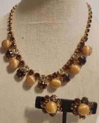 Vintage Necklace Earring Citrine Amber Color Brown Lrg Round Rhinestone 15″ Set