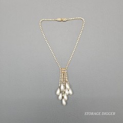 Vintage Clear Rhinestones and Faux Pearls Dangle Tassel Necklace & Bracelet Set