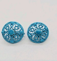 Turquoise Blue Filigree Clip on Earrings enamel Round Couture Vintage .75 in