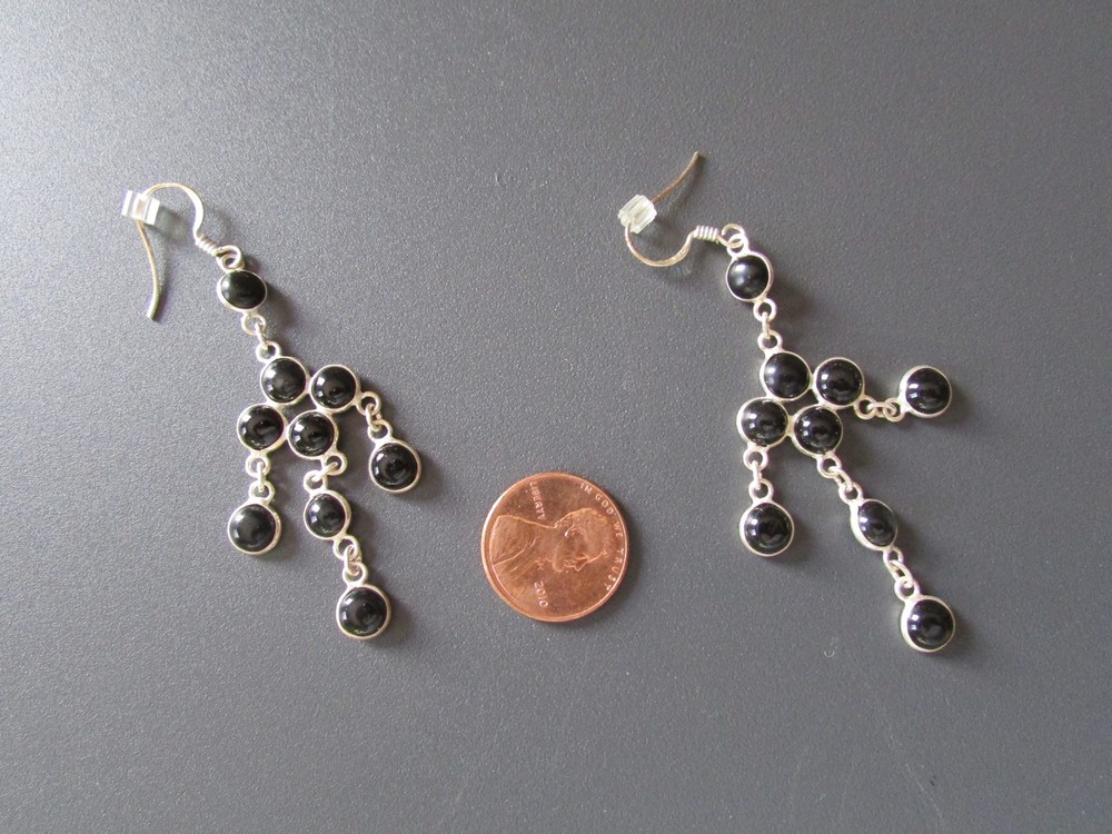 Vintage Pierced Chandelier Earrings Black Onyx Sterling Silver New Condition