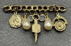 Vintage Gold Tone Charm Brooch Pearl Crystal Stations Coin Medallion Dangles