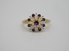 SWEET VINTAGE 14K YELLOW GOLD FIERY FIRE OPAL AMETHYST STONE RING SIZE 6