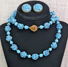 Miriam Haskell Venetian Pinched Art Glass Necklace And Earrings Blue Gold Swirl