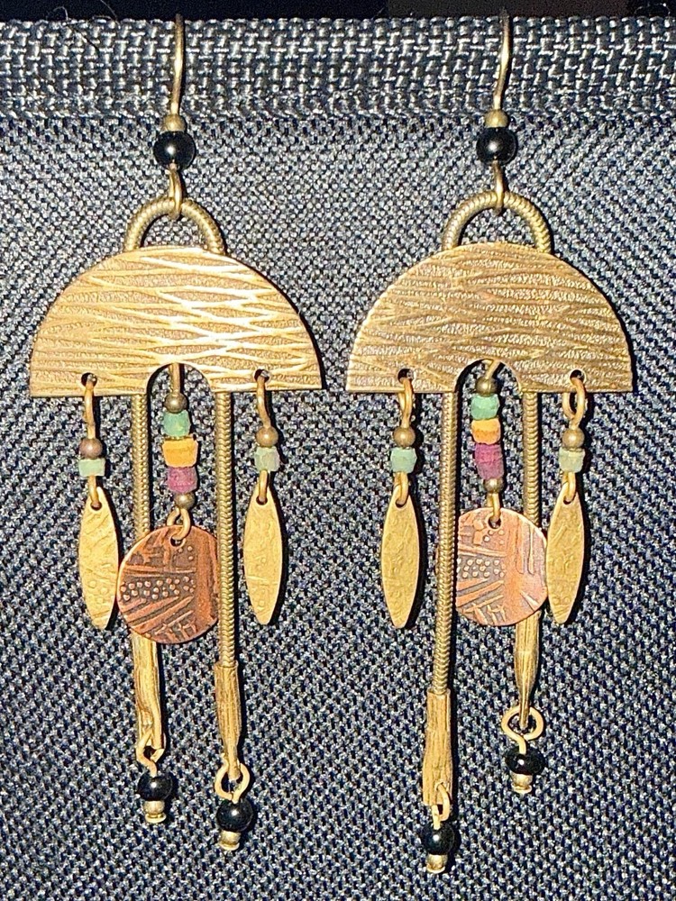 Vintage Brass Dangle Earrings Tribal Boho Geometric Beads Mixed Metal 3 In