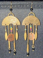 Vintage Brass Dangle Earrings Tribal Boho Geometric Beads Mixed Metal 3 In
