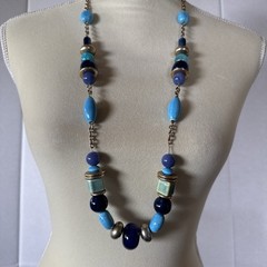 Vintage Chicos Turquoise Color Navy Blue Necklace Ceramic Acrylic Mixed Metal