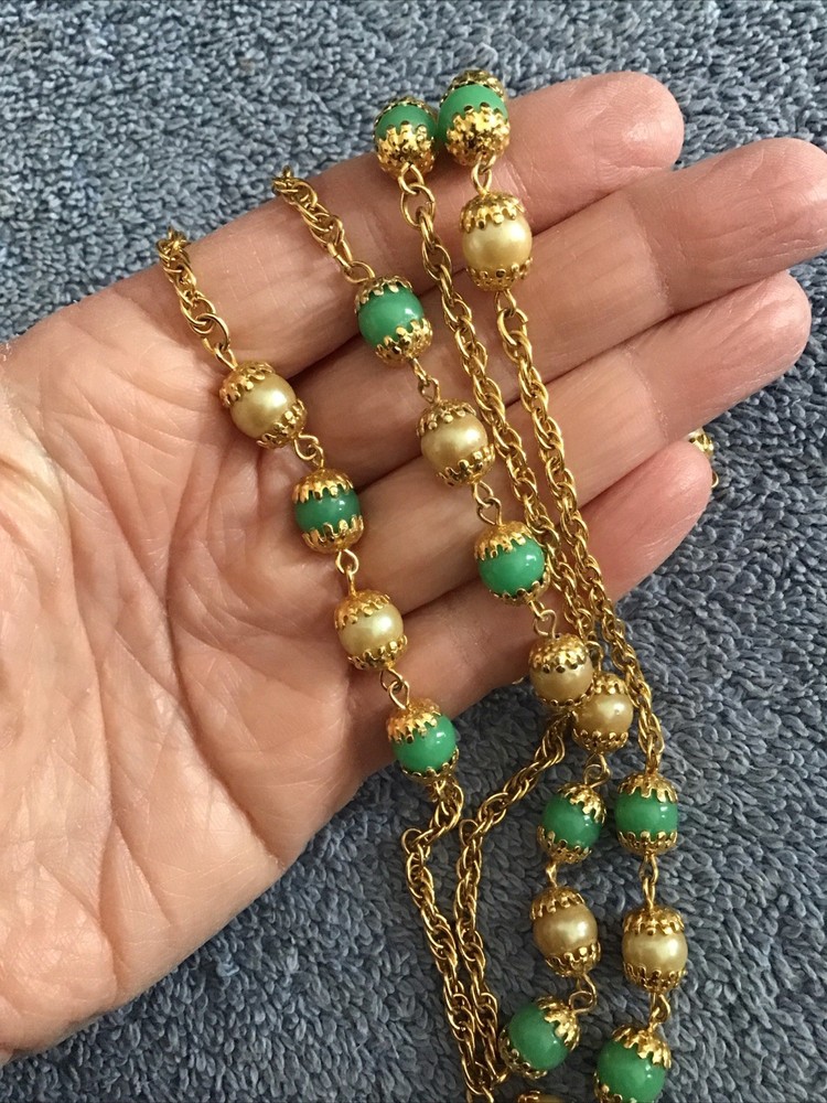 Vtg Jade Green Bead Necklace Gold Tone Faux Pearl Long Metal Filigree Bead Caps