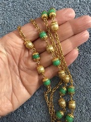 Vtg Jade Green Bead Necklace Gold Tone Faux Pearl Long Metal Filigree Bead Caps