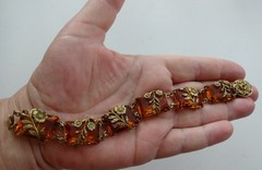 Antique Art Deco Amber Glass Link Floral Brass Bracelet Geometric Neiger Brother