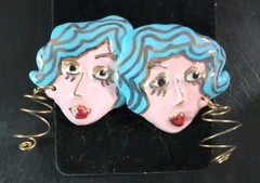 One of a Kind Quirky Porcelain Enamel Earrings of a Artistic Woman’s Face 1 3/4″