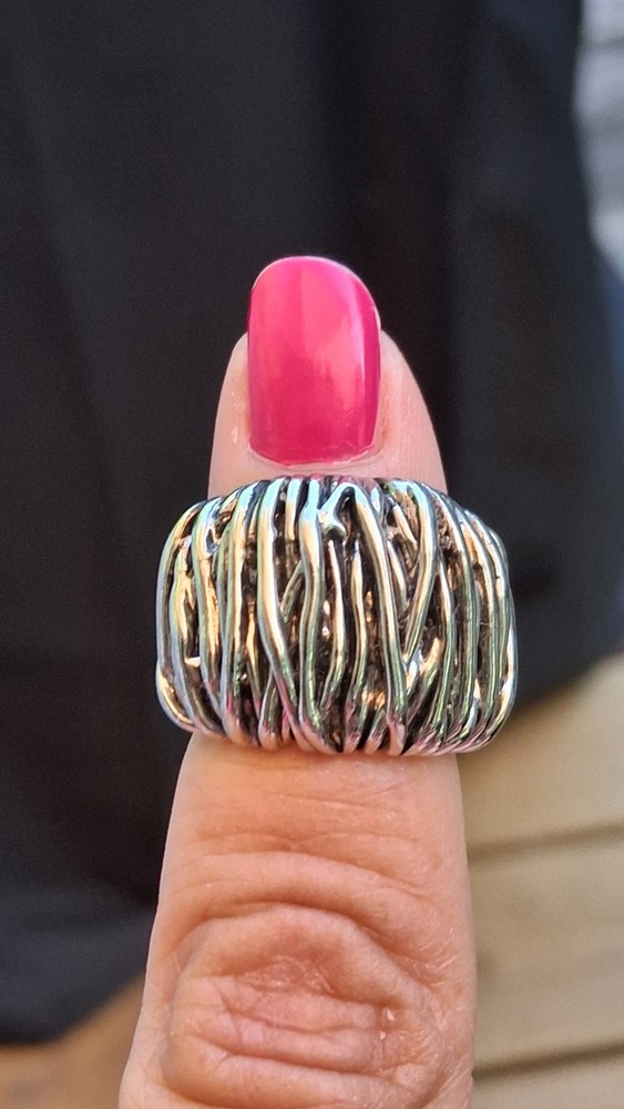 Vintage Artisan Brutalist Abstract Silvertone Ring Size 4 Mid Century Modernist