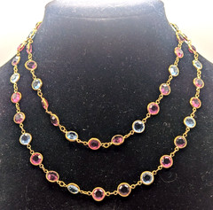 Vintage Gold Tone Pink Blue Purple Crystal Station Necklace Bezel 36in