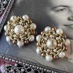 Vintage 1950s Cluster Clip-On Earrings 1.5” – Faux Pearl & Bronze Beads – Round