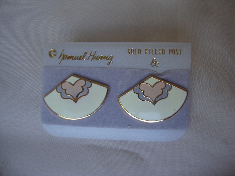 VINTAGE SAMUEL HUANG CLOISONNE RETRO ABSTRACT FAN PINK GRAY & WHITE EARRINGS