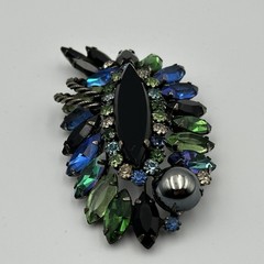 Vintage Rhinestone Brooch Blue Green Black Navette Cabochon Layered Statement
