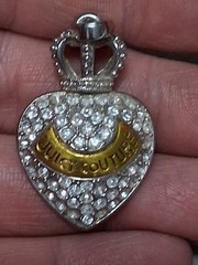 Vintage Juicy Couture puffy heart & crown pendant, Pave set rhinestones, silver