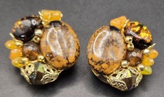 Vintage HONG KONG Clip On Earrings Amber Glass Stone Cluster Gold Tone