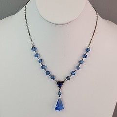 Vintage Art Deco Necklace Bracelet Set Blue Glass 16″
