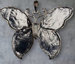 Vintage Faux Abalone Butterfly Pendent Silver Tone Large