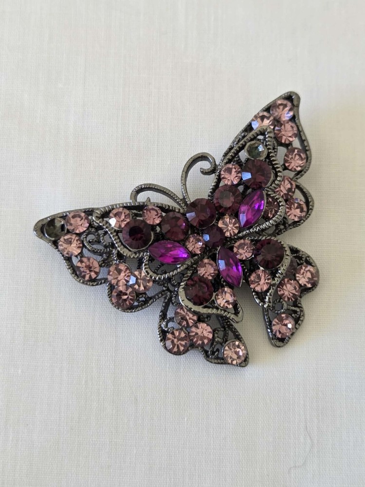 Vintage Pink Purple Rhinestone Butterfly Brooch