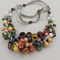 Vintage Folk Art Pottery Mug Bead Necklace Ceramic Tankard Bib Statement Boho