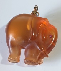 Vintage Translucent Peach-Orange Elephant Pendant w/ Pink Rhinestone Eyes 2″